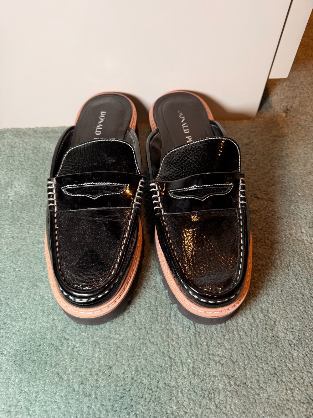 Black Patent Leather Penny Mules with Tan Trim